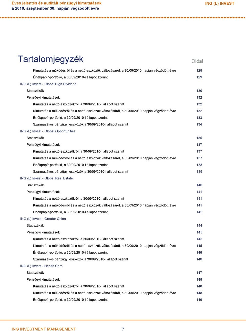 Kimutatás a működésről és a nettó eszközök változásáról, a 30/09/2010 napján végződött évre 132 Értékpapírportfolió, a 30/09/2010i állapot szerint 133 Származékos pénzügyi eszközök a 30/09/2010i