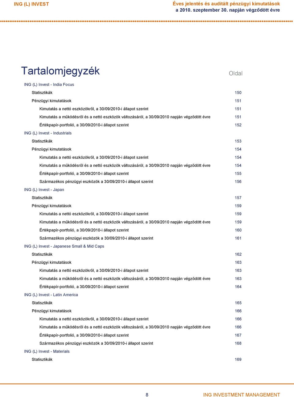 Statisztikák 153 Pénzügyi kimutatások 154 Kimutatás a nettó eszközökről, a 30/09/2010i állapot szerint 154 Kimutatás a működésről és a nettó eszközök változásáról, a 30/09/2010 napján végződött évre