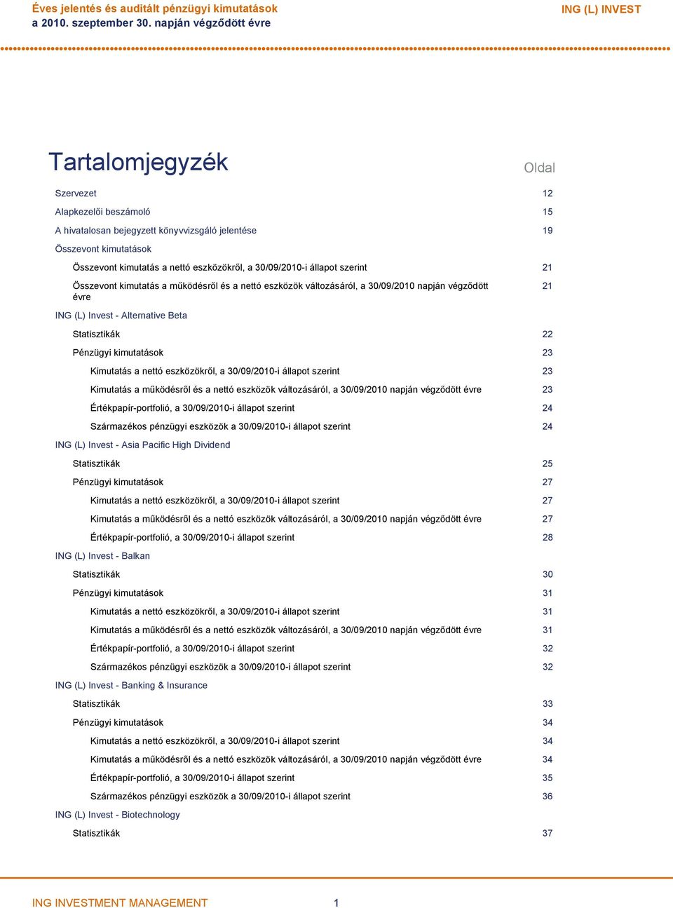 Alternative Beta Statisztikák 22 Pénzügyi kimutatások 23 Kimutatás a nettó eszközökről, a 30/09/2010i állapot szerint 23 Kimutatás a működésről és a nettó eszközök változásáról, a 30/09/2010 napján