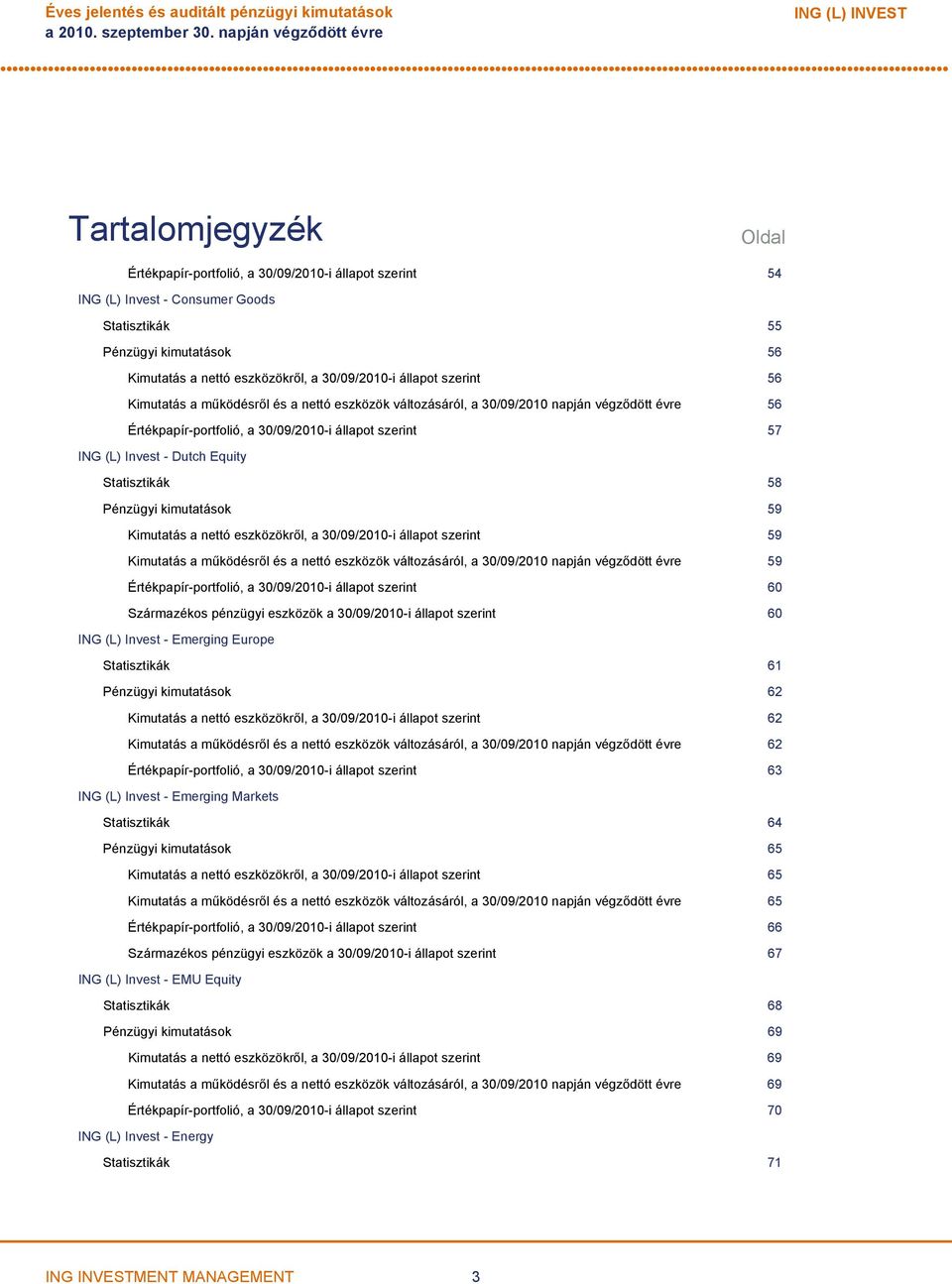 30/09/2010i állapot szerint 57 ING (L) Invest Dutch Equity Statisztikák 58 Pénzügyi kimutatások 59 Kimutatás a nettó eszközökről, a 30/09/2010i állapot szerint 59 Kimutatás a működésről és a nettó