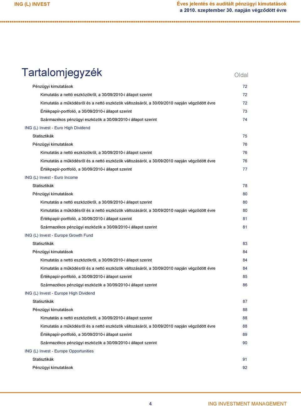 Euro High Dividend Statisztikák 75 Pénzügyi kimutatások 76 Kimutatás a nettó eszközökről, a 30/09/2010i állapot szerint 76 Kimutatás a működésről és a nettó eszközök változásáról, a 30/09/2010 napján