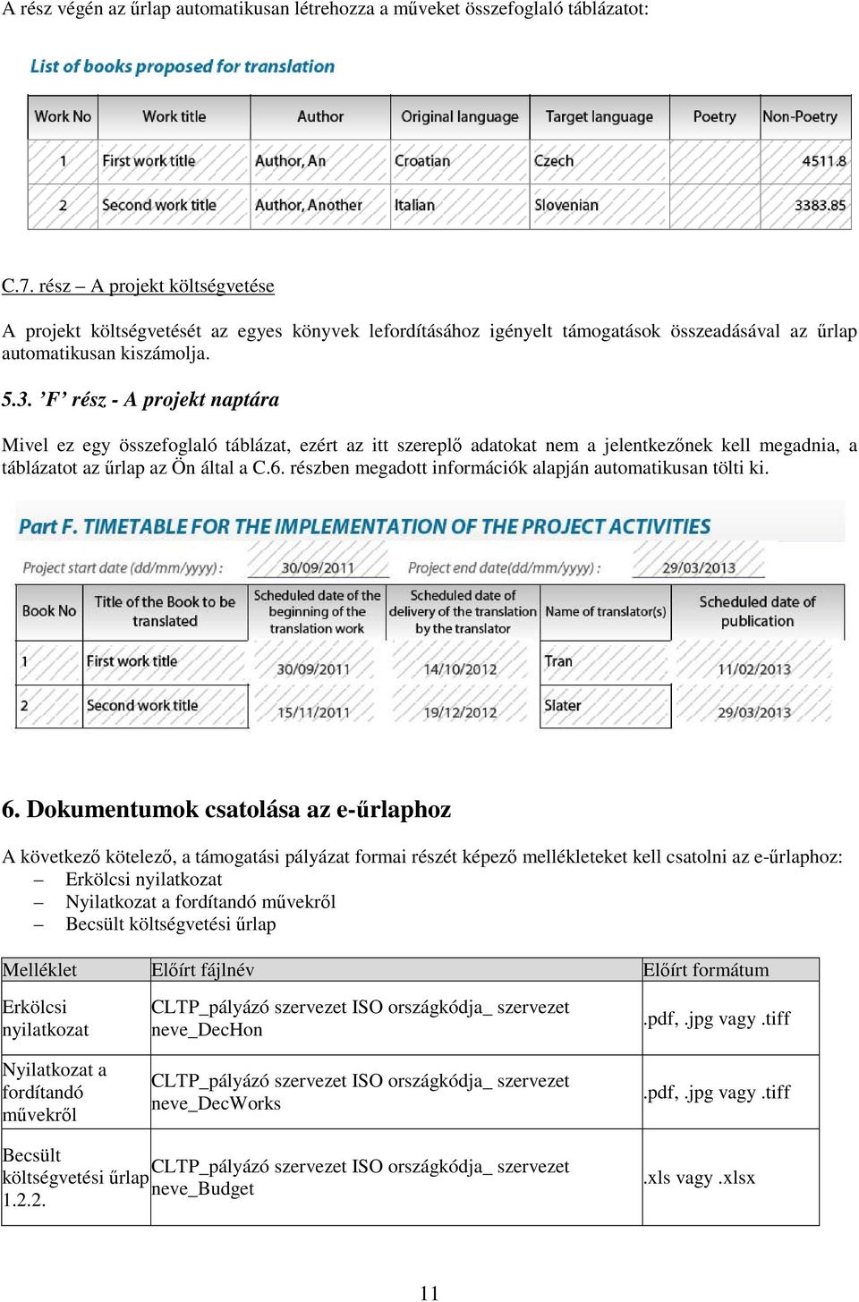 F rész - A projekt naptára Mivel ez egy összefoglaló táblázat, ezért az itt szereplő adatokat nem a jelentkezőnek kell megadnia, a táblázatot az űrlap az Ön által a C.6.