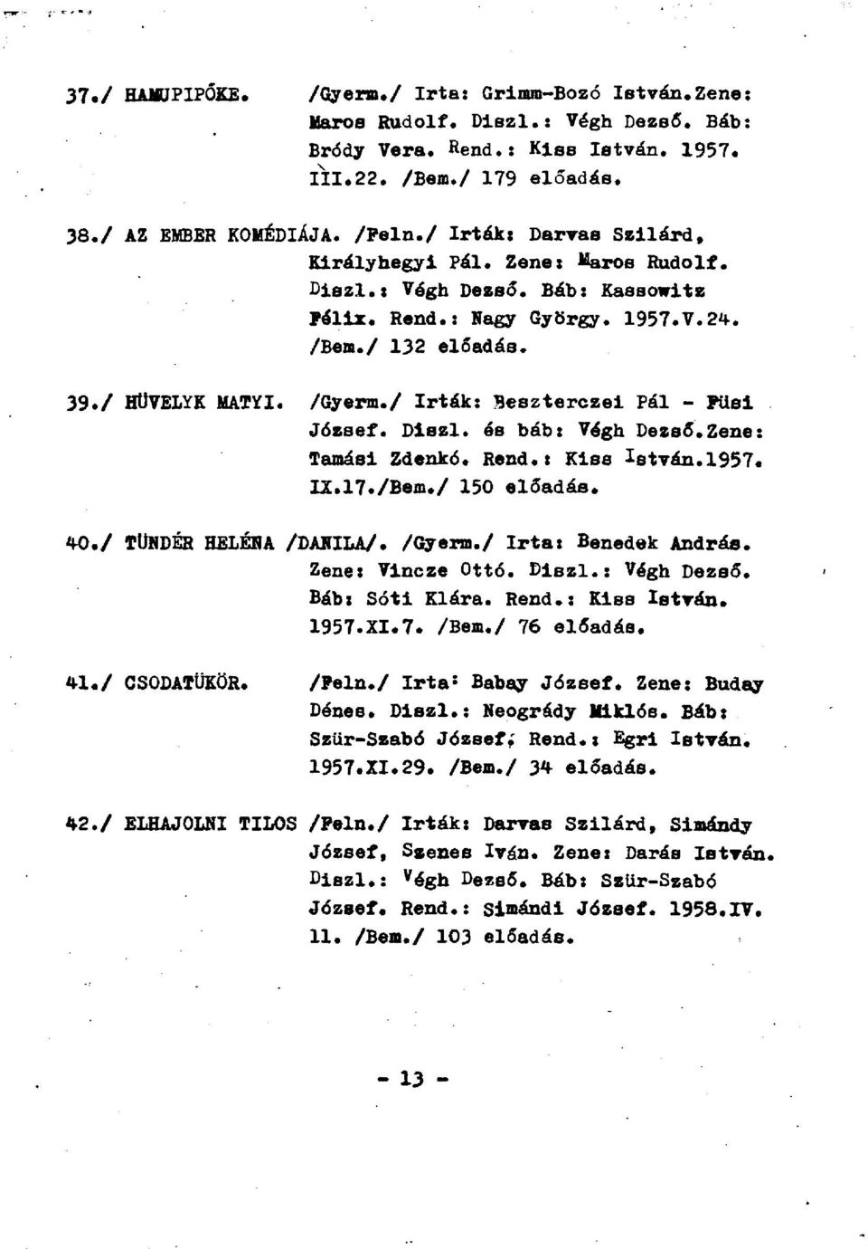 / írták: Beszterezel Pál - Füsi József. Diszl. és báb: Végh Dezső.Zene: Tamási Zdenkó. Rend.: Kiss István.1957. IX.17./Bem./ 150 előadás. 40. / TÜNDÉR HELÉNA /DANILA/ /Gyerm./ Irta: Benedek András.