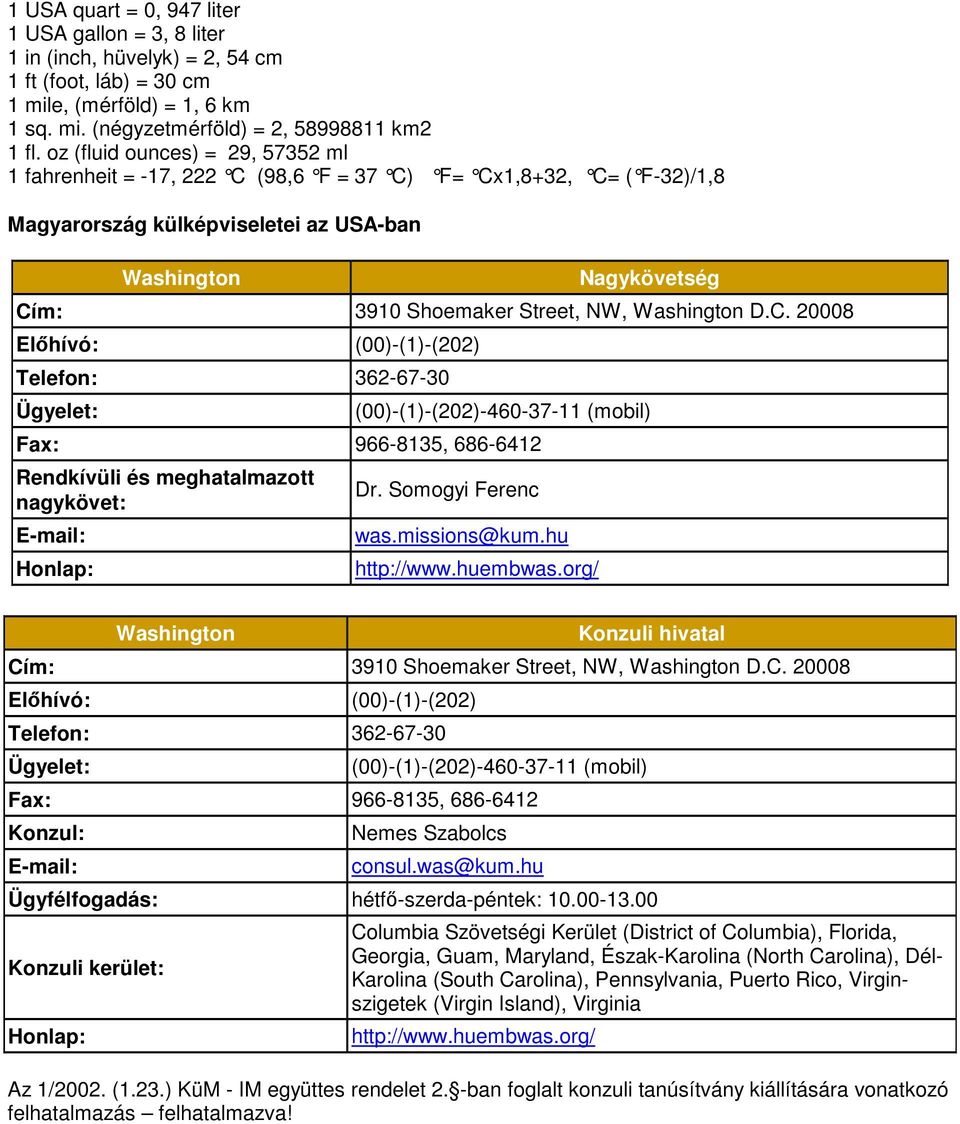 Washington D.C. 20008 Előhívó: (00)-(1)-(202) Telefon: 362-67-30 Ügyelet: (00)-(1)-(202)-460-37-11 (mobil) Fax: 966-8135, 686-6412 Rendkívüli és meghatalmazott nagykövet: Dr. Somogyi Ferenc was.