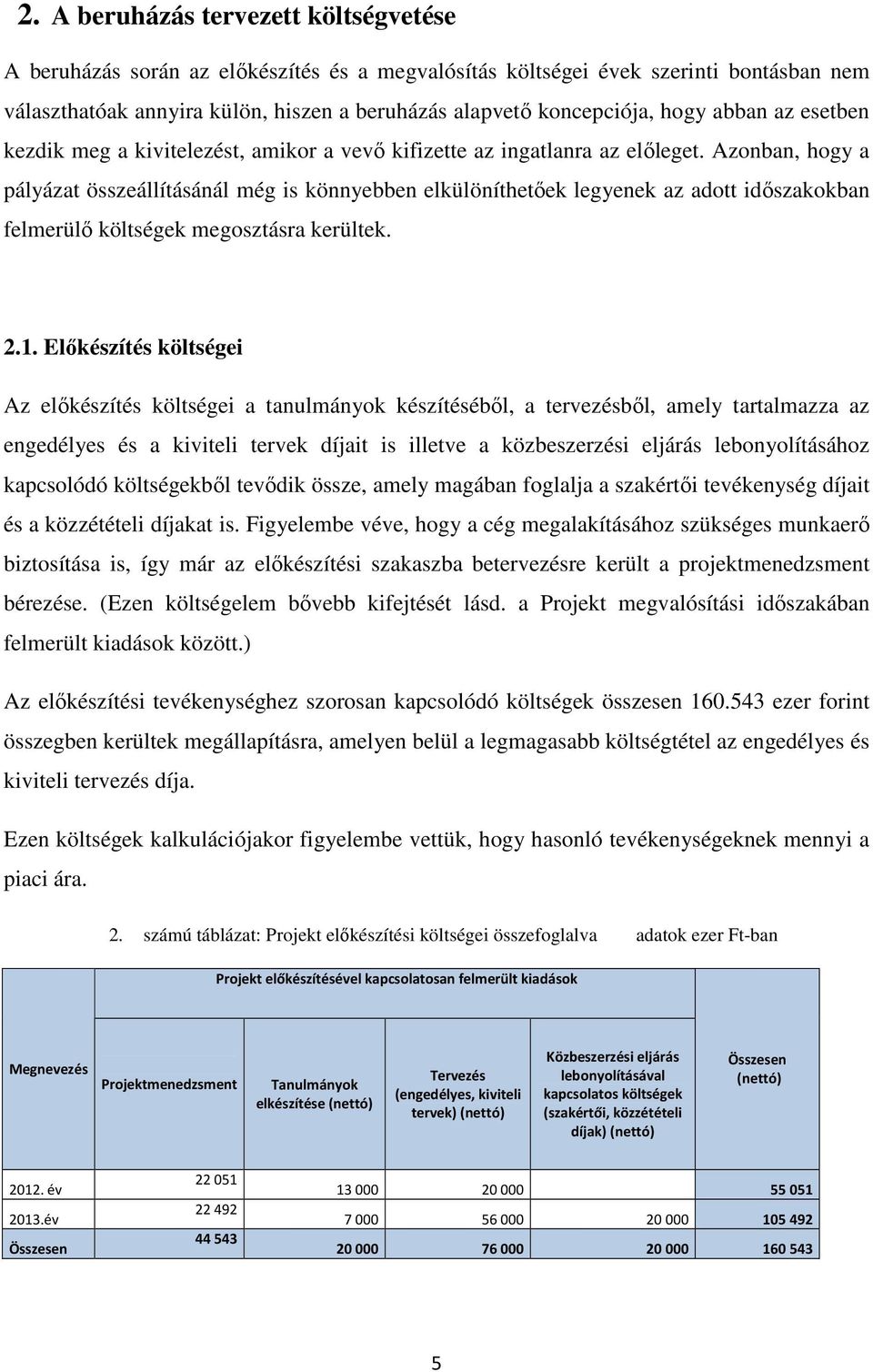 Azonban, hogy a pályázat összeállításánál még is könnyebben elkülöníthetőek legyenek az adott időszakokban felmerülő költségek megosztásra kerültek. 2.1.