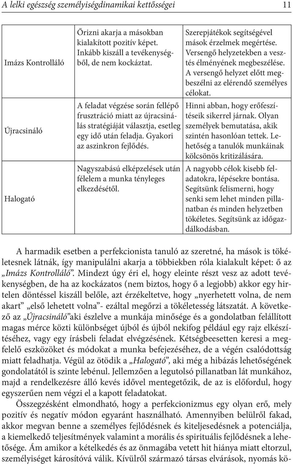 Nagyszabású elképzelések után félelem a munka tényleges elkezdésétől. Szerepjátékok segítségével mások érzelmek megértése. Versengő helyzetekben a vesztés élményének megbeszélése.