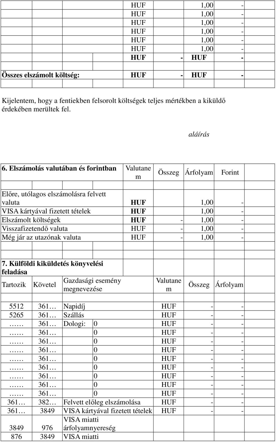 Elszámolás valutában és forintban Valutane m Összeg Árfolyam Forint Elıre, utólagos elszámolásra felvett valuta HUF 1,00 - VISA kártyával fizetett tételek HUF 1,00 - Elszámolt költségek HUF - 1,00 -