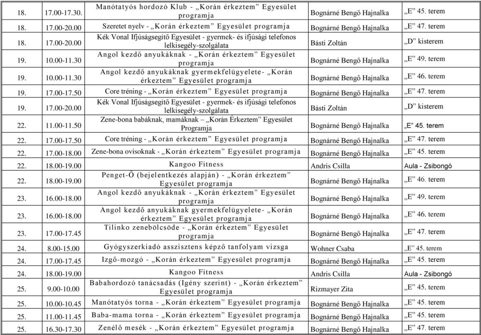 00 Zene-bona ovisoknak - Korán érkeztem Egyesület programja Bognárné Bengő Hajnalka E 45. terem 22. 18.00-19.00 Kangoo Fitness Andris Csilla Aula - Zsibongó 22. 18.00-19.00 23. 16.00-18.00 23. 16.00-18.00 23. 17.