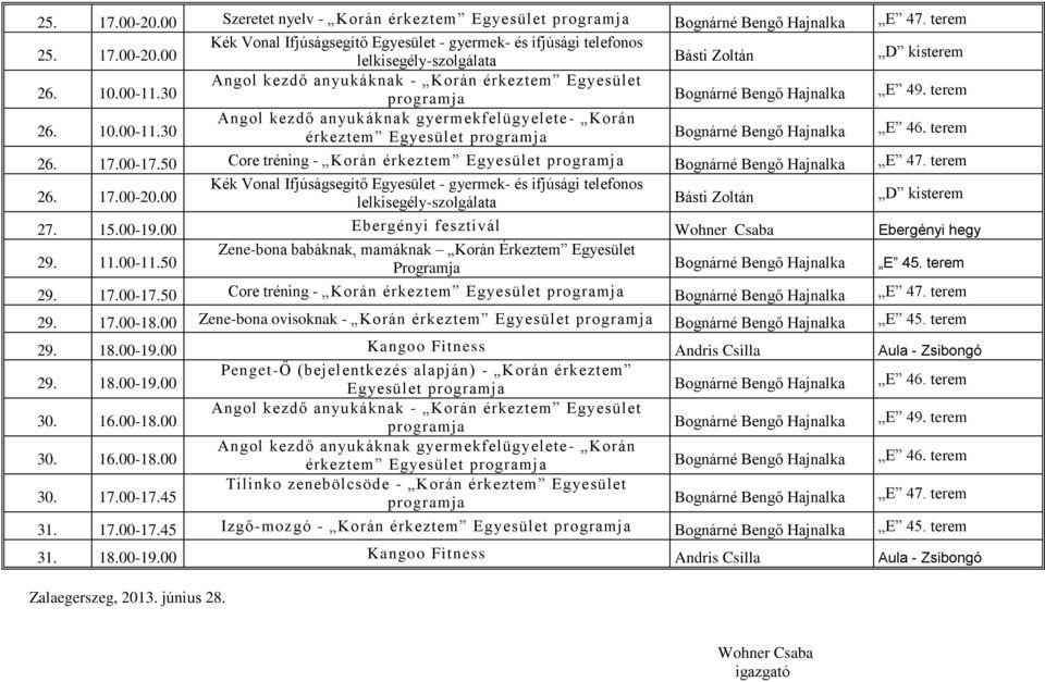 00 Zene-bona ovisoknak - Korán érkeztem Egyesület programja Bognárné Bengő Hajnalka E 45. terem 29. 18.00-19.00 Kangoo Fitness Andris Csilla Aula - Zsibongó 29. 18.00-19.00 30. 16.00-18.