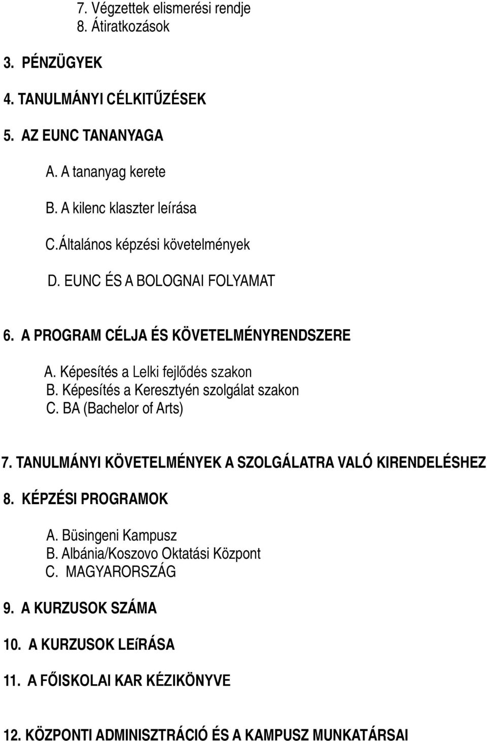 Képesítés a Keresztyén szolgálat szakon C. BA (Bachelor of Arts) 7. TANULMÁNYI KÖVETELMÉNYEK A SZOLGÁLATRA VALÓ KIRENDELÉSHEZ 8. KÉPZÉSI PROGRAMOK A.