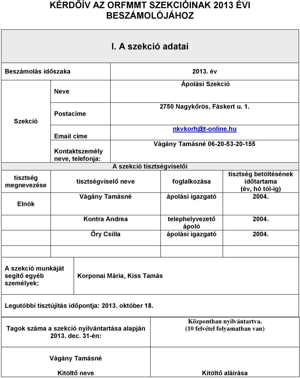 hu Vágány Tamásné 06-20-53-20-155 tisztségviselő neve foglalkozása tisztség betöltésének időtartama (év, hó tól-ig) Vágány Tamásné ápolási igazgató 2004. Kontra Andrea telephelyvezető 2004.