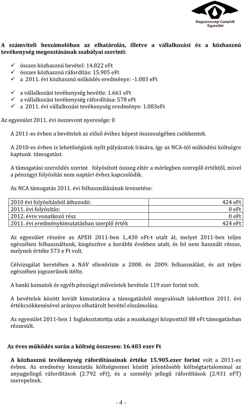 évi vállalkozási tevékenység eredménye: 1.083eFt Az egyesület 2011. évi összevont nyeresége: 0 A 2011-es évben a bevételek az előző évihez képest összességében csökkentek.