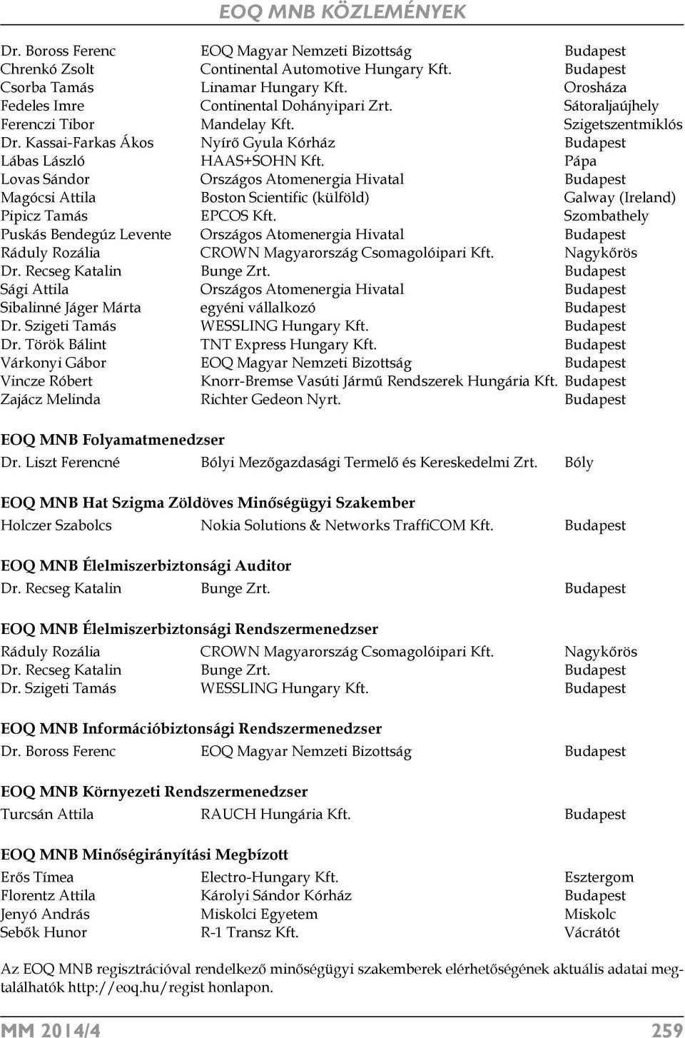 Pápa Lovas Sándor Országos Atomenergia Hivatal Budapest Magócsi Attila Boston Scientific (külföld) Galway (Ireland) Pipicz Tamás EPCOS Kft.