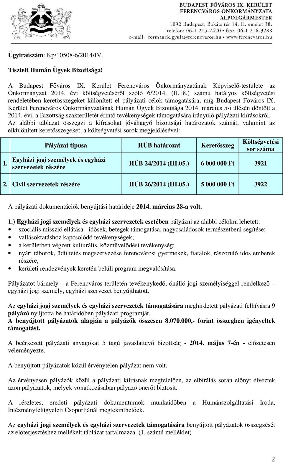 ) számú hatályos költségvetési rendeletében kereteket különített el pályázati célok támogatására, míg Budapest Főváros IX.