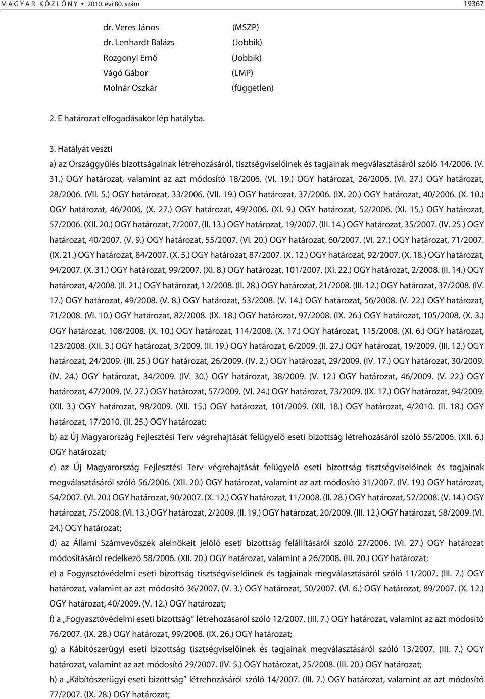 ) OGY határozat, 26/2006. (VI. 27.) OGY határozat, 28/2006. (VII. 5.) OGY határozat, 33/2006. (VII. 19.) OGY határozat, 37/2006. (IX. 20.) OGY határozat, 40/2006. (X. 10.) OGY határozat, 46/2006. (X. 27.) OGY határozat, 49/2006.