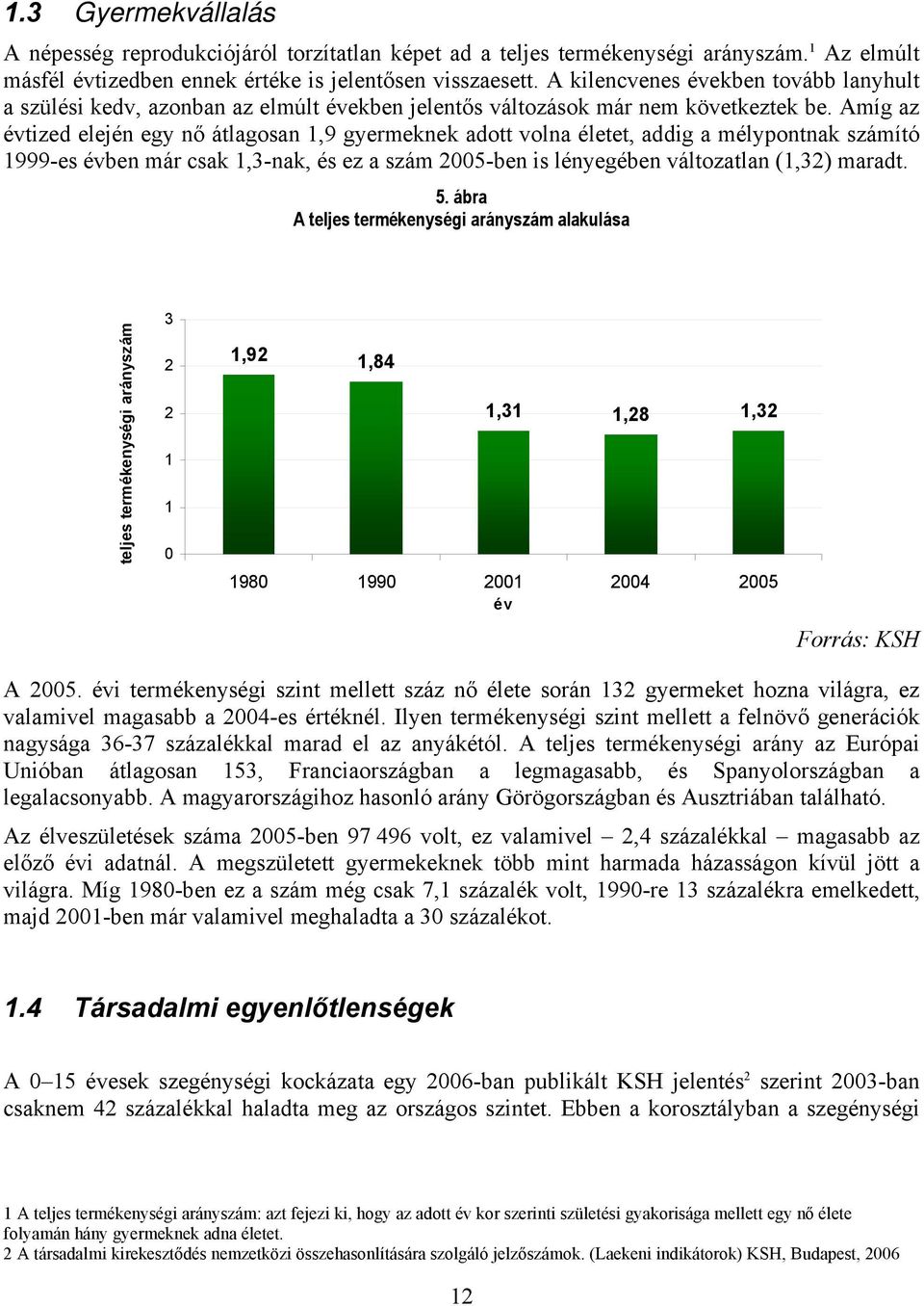 Amíg az évtized elején egy nő átlagosan 1,9 gyermeknek adott volna életet, addig a mélypontnak számító 1999-es évben már csak 1,3-nak, és ez a szám 2005-ben is lényegében változatlan (1,32) maradt. 5.