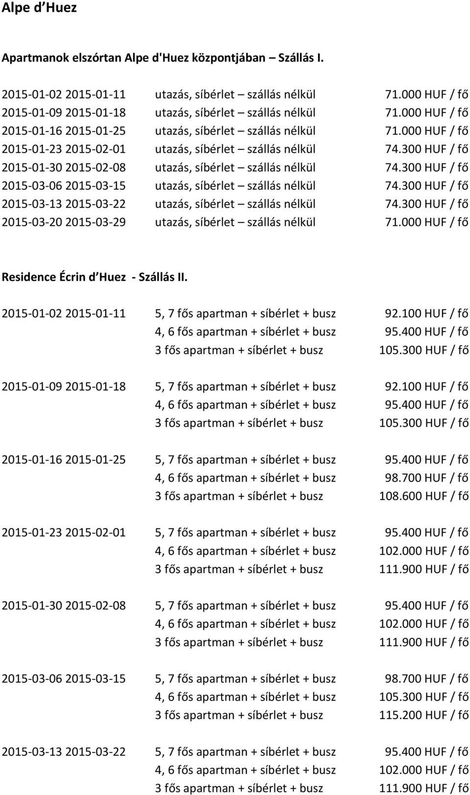 300 HUF / fő 2015-01-30 2015-02-08 utazás, síbérlet szállás nélkül 74.300 HUF / fő 2015-03-06 2015-03-15 utazás, síbérlet szállás nélkül 74.