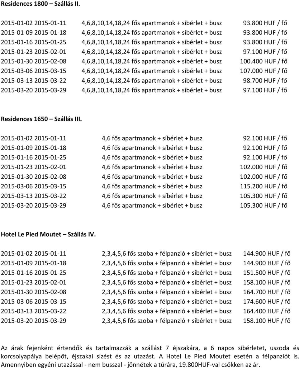 100 HUF / fő 2015-01-30 2015-02-08 4,6,8,10,14,18,24 fős apartmanok + síbérlet + busz 100.400 HUF / fő 2015-03-06 2015-03-15 4,6,8,10,14,18,24 fős apartmanok + síbérlet + busz 107.