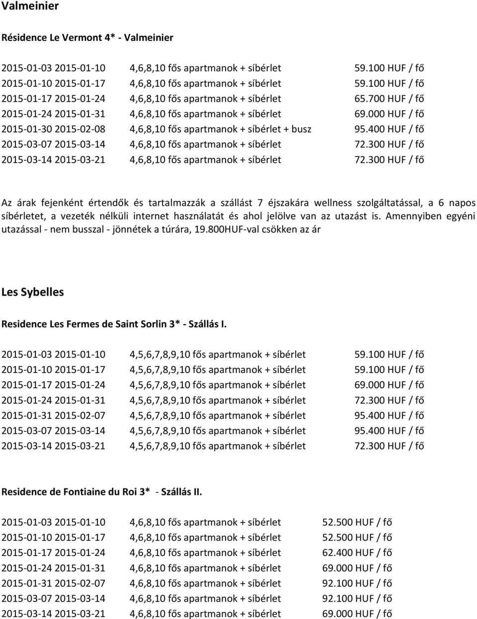 000 HUF / fő 2015-01-30 2015-02-08 4,6,8,10 fős apartmanok + síbérlet + busz 95.400 HUF / fő 2015-03-07 2015-03-14 4,6,8,10 fős apartmanok + síbérlet 72.