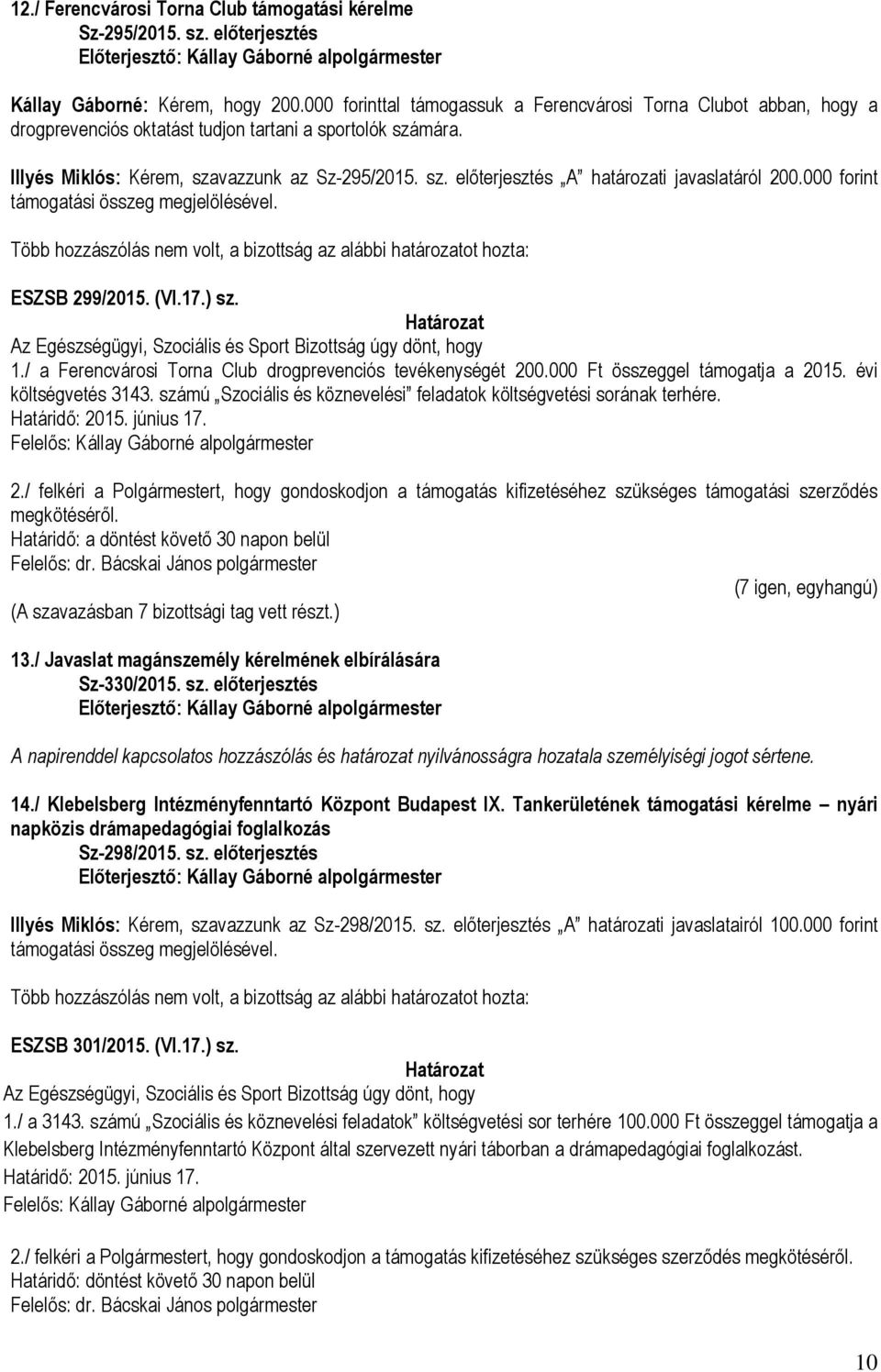 000 forint támogatási összeg megjelölésével. ESZSB 299/2015. (VI.17.) sz. Az Egészségügyi, Szociális és Sport Bizottság úgy dönt, hogy 1./ a Ferencvárosi Torna Club drogprevenciós tevékenységét 200.