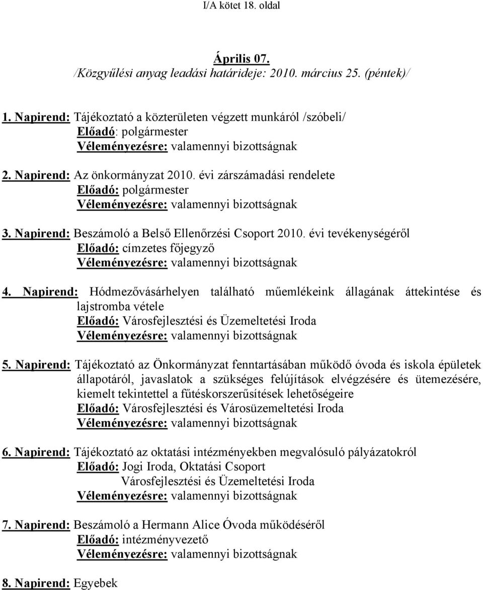 évi zárszámadási rendelete Előadó: polgármester Véleményezésre: valamennyi bizottságnak 3. Napirend: Beszámoló a Belső Ellenőrzési Csoport 21.