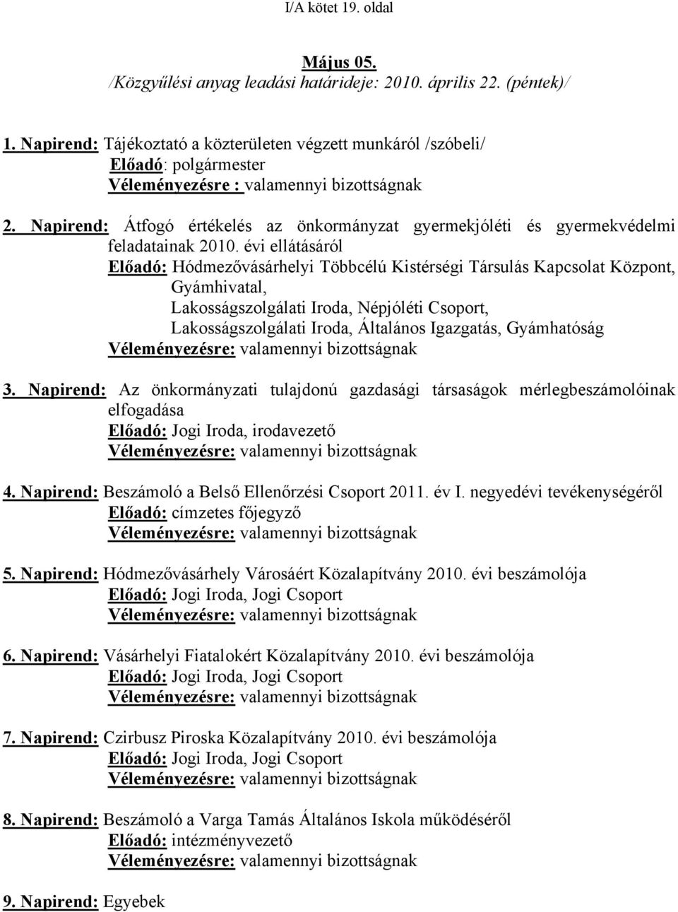 Napirend: Átfogó értékelés az önkormányzat gyermekjóléti és gyermekvédelmi feladatainak 21.