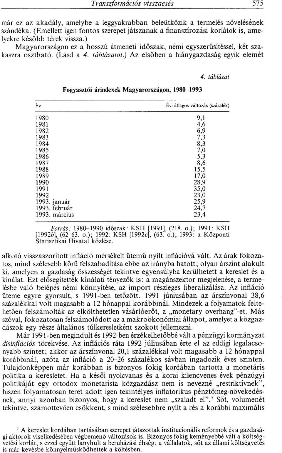 (Lásd a 4. táblázatot.) Az elsőben a hiánygazdaság egyik elemét Fogyasztói árindexek Magyarországon, 1980-1993 4.