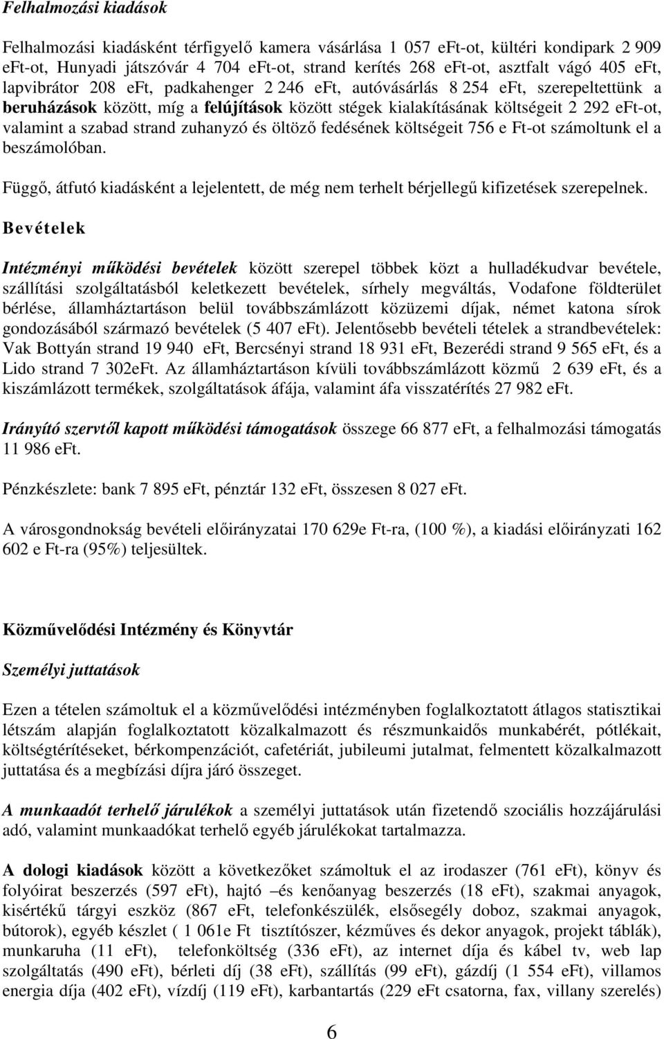 szabad strand zuhanyzó és öltöző fedésének költségeit 756 e Ft-ot számoltunk el a beszámolóban. Függő, átfutó kiadásként a lejelentett, de még nem terhelt bérjellegű kifizetések szerepelnek.