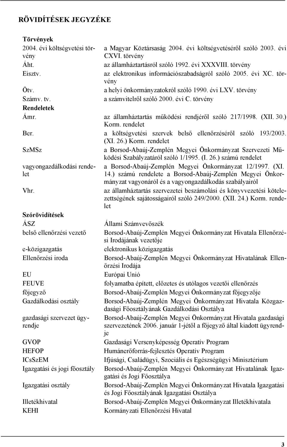 törvény Rendeletek Ámr. az államháztartás működési rendjéről szóló 217/1998. (XII. 30.) Korm. rendelet Ber. a költségvetési szervek belső ellenőrzéséről szóló 193/2003. (XI. 26.) Korm. rendelet SzMSz a Borsod-Abaúj-Zemplén Megyei Önkormányzat Szervezeti Működési Szabályzatáról szóló 1/1995.