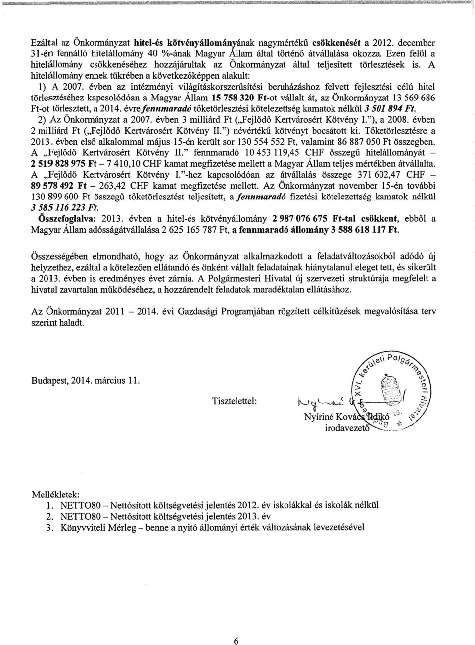 évben az intézményi világításkrszerűsítési beruházáshz felvett fejlesztési célú hitel törlesztéséhez kapcslódóan a Magyar Állam 15 758 320 Ft-t vállalt át, az Önkrmányzat 13 569 686 Ft-t törlesztett,