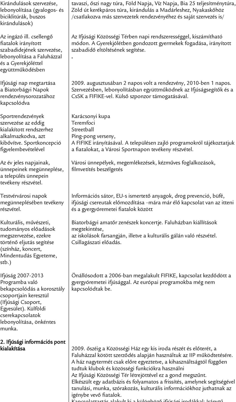 csellengő fiatalok irányított szabadidejének szervezése, lebonyolítása a Faluházzal és a Gyerekjóléttel együttműködésben Ifjúsági nap megtartása a Biatorbágyi Napok rendezvénysorozatához kapcsolódva