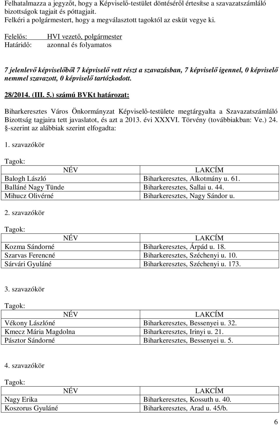 ) számú BVKt határozat: Biharkeresztes Város Önkormányzat Képviselő-testülete megtárgyalta a Szavazatszámláló Bizottság tagjaira tett javaslatot, és azt a 2013. évi XXXVI. Törvény (továbbiakban: Ve.