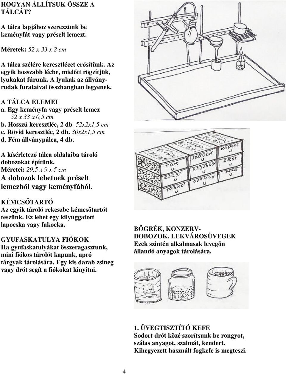 Hosszú keresztléc, 2 db. 52x2x1,5 cm c. Rövid keresztléc, 2 db. 30x2x1,5 cm d. Fém állványpálca, 4 db. A kísérletező tálca oldalaiba tároló dobozokat építünk.