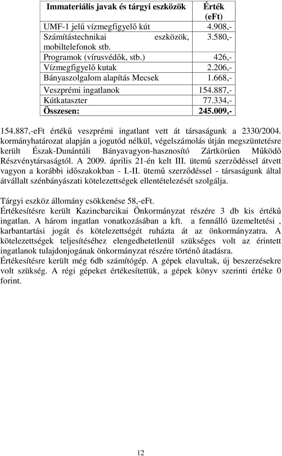 kormányhatározat alapján a jogutód nélkül, végelszámolás útján megszüntetésre került Észak-Dunántúli Bányavagyon-hasznosító Zártkörően Mőködı Részvénytársaságtól. A 2009. április 21-én kelt III.