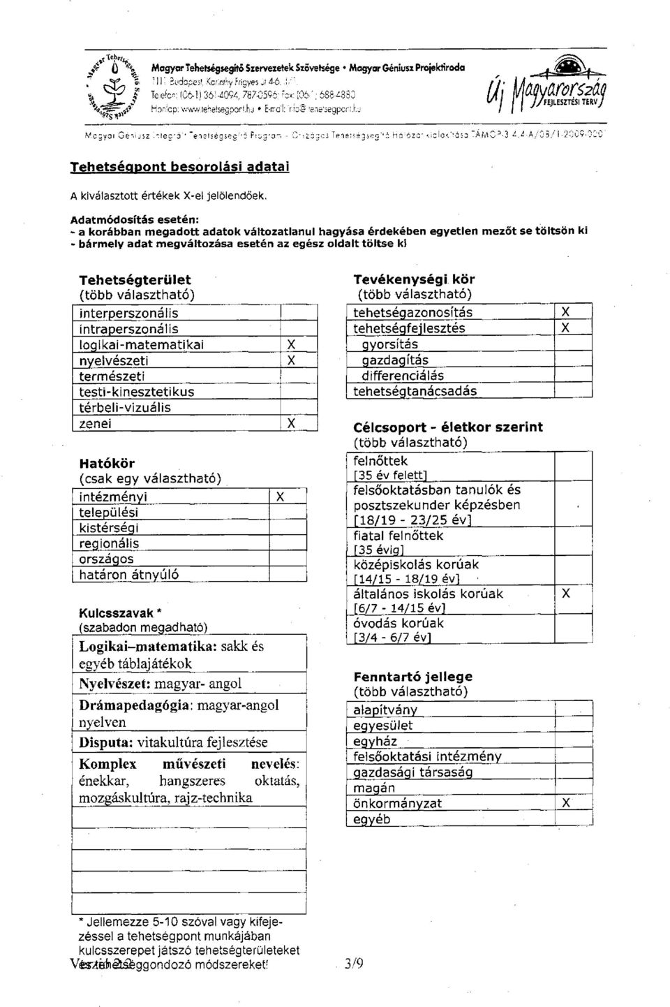 d3'3~i - 0-:2ág:5 Tene'íágseo'^ö Ha Gzc- <iclcí''ás3 "AMCP-3 'i.'í-a/os Tehetséqpont besorolási adatai A kiválasztott értékek X-el jelölendőek.