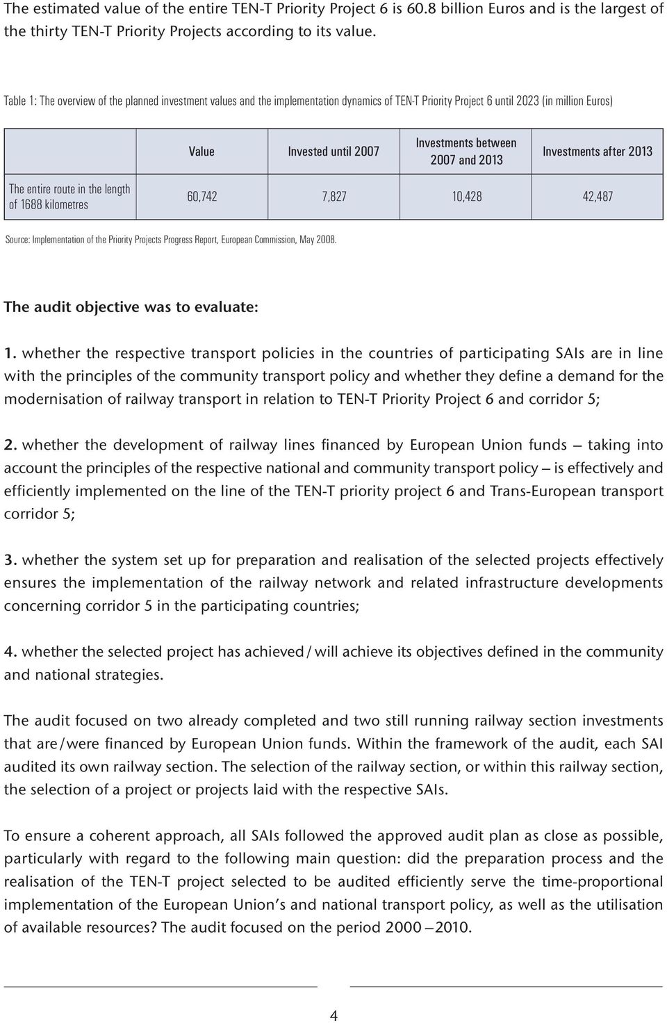 2013 Investments after 2013 The entire route in the length of 1688 kilometres 60,742 7,827 10,428 42,487 Source: Imlementation of the Priority Projects Progress Reort, Euroean Commission, May 2008.