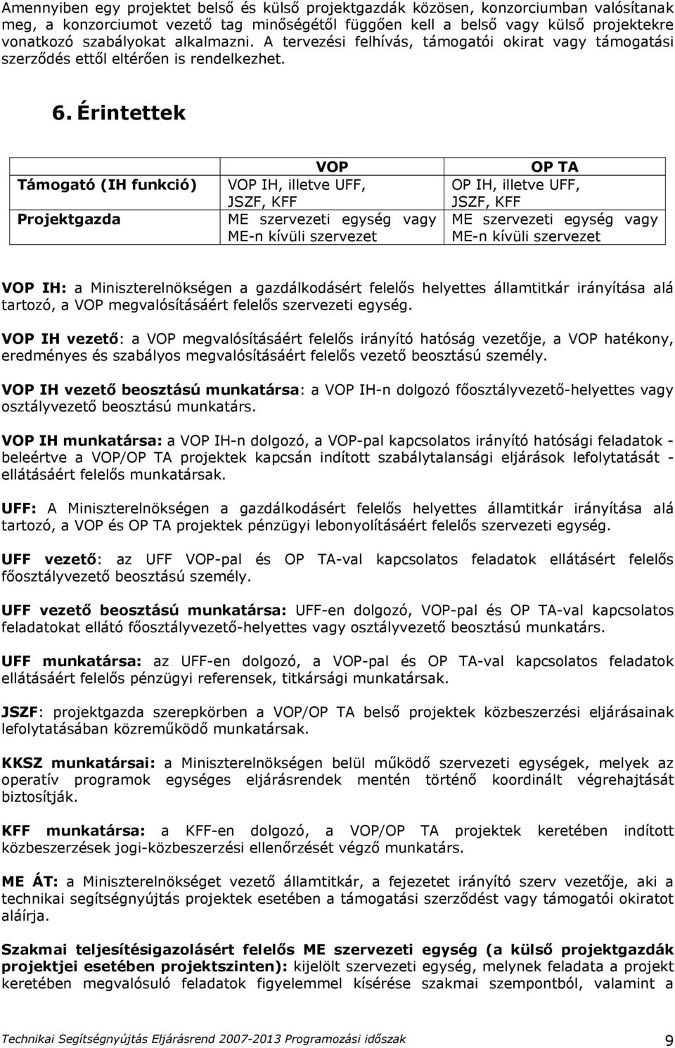 Érintettek Támogató (IH funkció) VOP VOP IH, illetve, JSZF, KFF ME szervezeti egység vagy ME-n kívüli szervezet OP IH, illetve, JSZF, KFF ME szervezeti egység vagy ME-n kívüli szervezet VOP IH: a