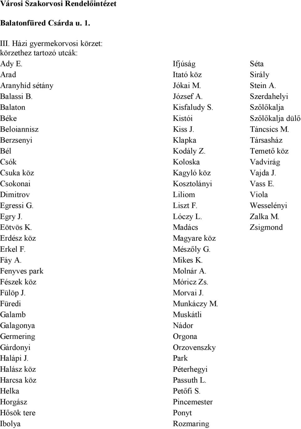 Temető köz Csók Koloska Vadvirág Csuka köz Kagyló köz Vajda J. Csokonai Kosztolányi Vass E. Dimitrov Liliom Viola Egressi G. Liszt F. Wesselényi Egry J. Lóczy L. Zalka M. Eötvös K.