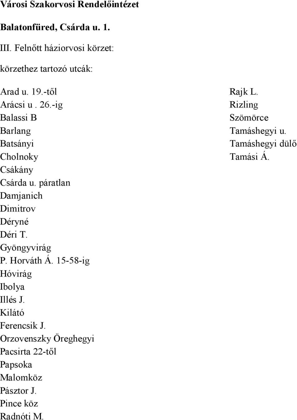 Csákány Csárda u. páratlan Damjanich Dimitrov Déryné Déri T. Gyöngyvirág P. Horváth Á.