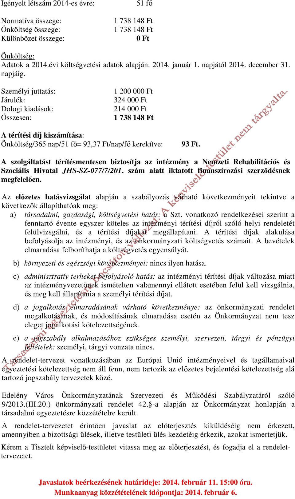 Személyi juttatás: Járulék: Dologi kiadások: 1 200 000 Ft 324 000 Ft 214 000 Ft 1 738 148 Ft A térítési díj kiszámítása: Önköltség/365 nap/51 fő= 93,37 Ft/nap/fő kerekítve: 93 Ft.