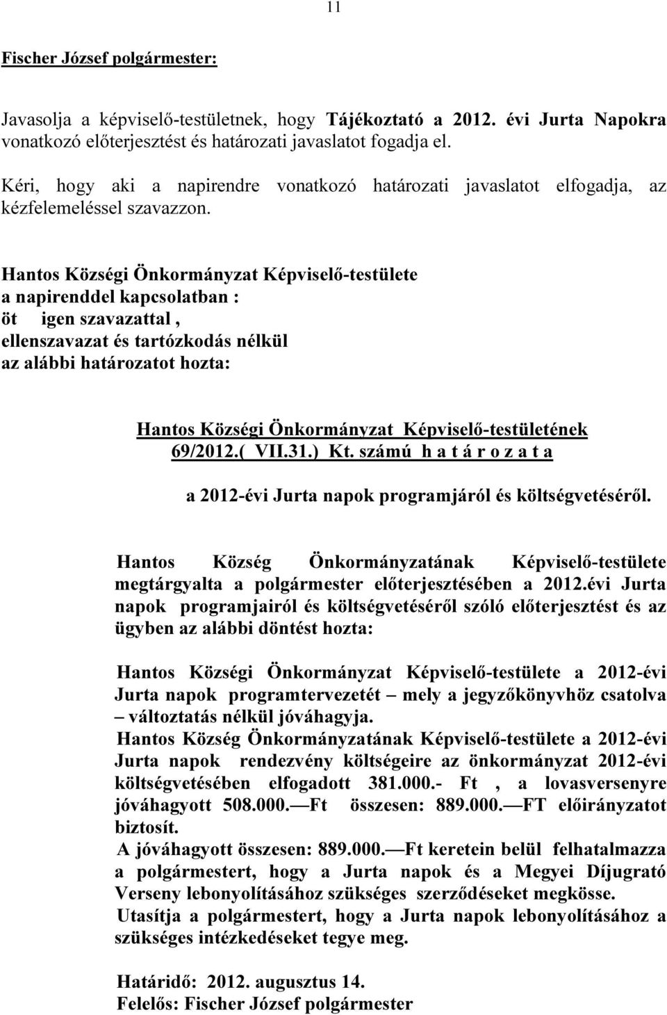 Hantos Községi Önkormányzat Képviselő-testülete a napirenddel kapcsolatban : öt igen szavazattal, ellenszavazat és tartózkodás nélkül az alábbi határozatot hozta: Hantos Községi Önkormányzat