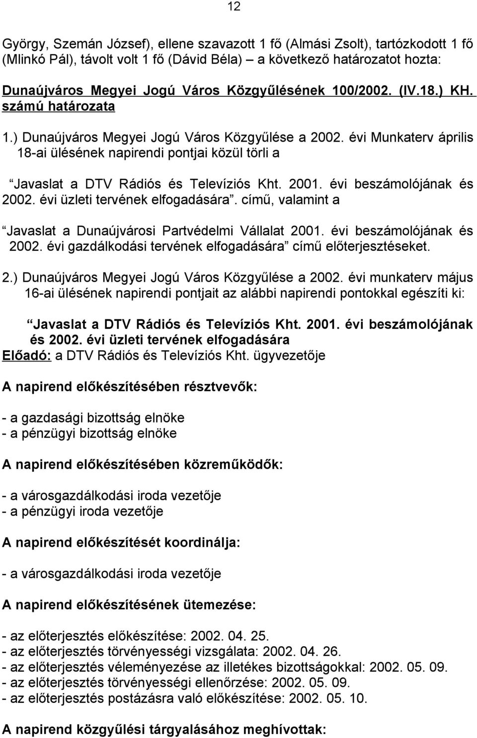 évi Munkaterv április 18-ai ülésének napirendi pontjai közül törli a Javaslat a DTV Rádiós és Televíziós Kht. 2001. évi beszámolójának és 2002. évi üzleti tervének elfogadására.