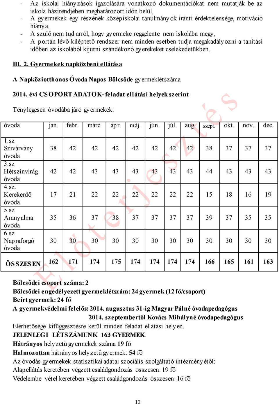 iskolából kijutni szándékozó gyerekeket cselekedetükben. III. 2. Gyermekek napközbeni ellátása A Napköziotthonos Óvoda Napos Bölcsőde gyermeklétszáma 2014.