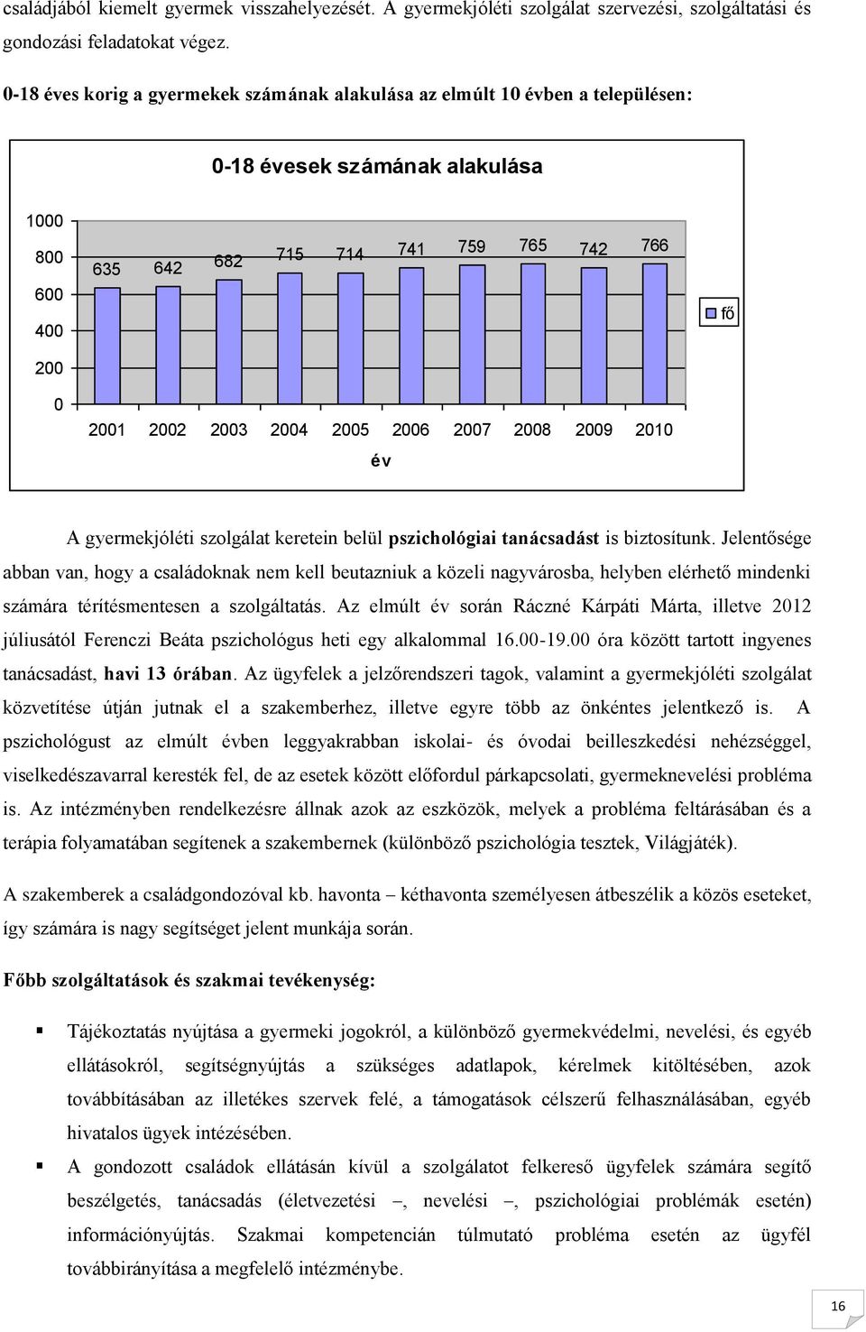 2006 2007 2008 2009 2010 év fő A gyermekjóléti szolgálat keretein belül pszichológiai tanácsadást is biztosítunk.