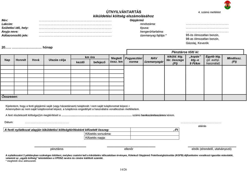 km Fgyasztási nrma NAV üzemanyagár kiküld. ktg. tér. összege (Ft) kpás ktg.-e 9 Ft/km Egyéb ktg. (pl. autóp. használat) Mindössz.