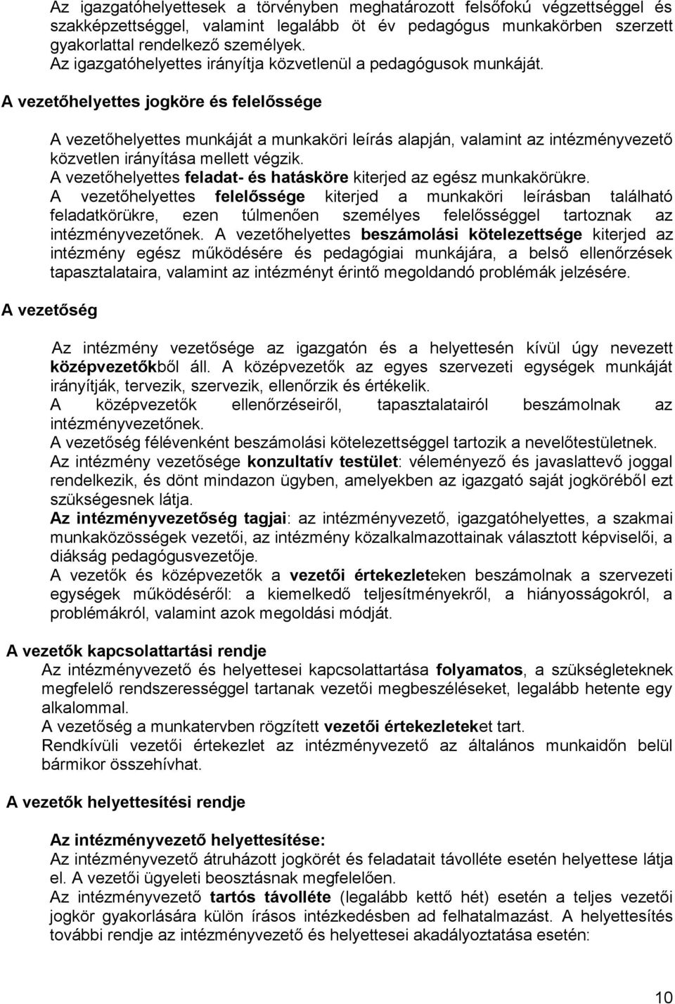 A vezetőhelyettes jogköre és felelőssége A vezetőhelyettes munkáját a munkaköri leírás alapján, valamint az intézményvezető közvetlen irányítása mellett végzik.