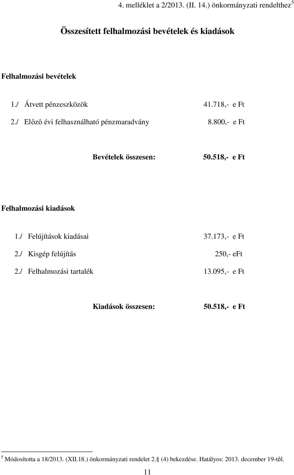 518,- e Ft Felhalmozási kiadások 1./ Felújítások kiadásai 37.173,- e Ft 2./ Kisgép felújítás 250,- eft 2./ Felhalmozási tartalék 13.