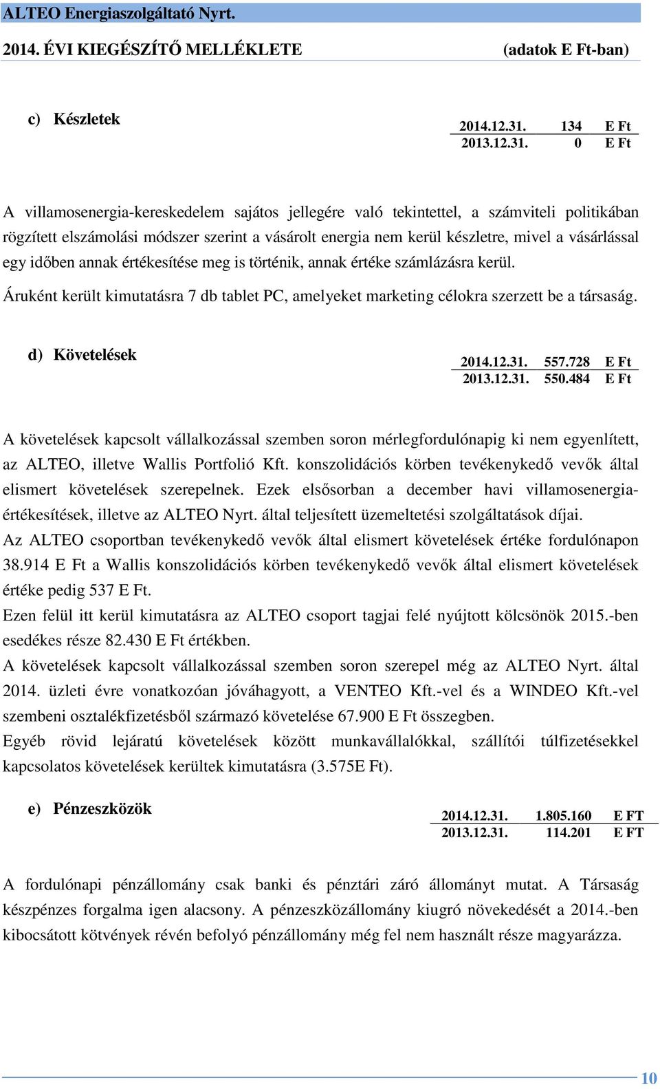 0 E Ft A villamosenergia-kereskedelem sajátos jellegére való tekintettel, a számviteli politikában rögzített elszámolási módszer szerint a vásárolt energia nem kerül készletre, mivel a vásárlással