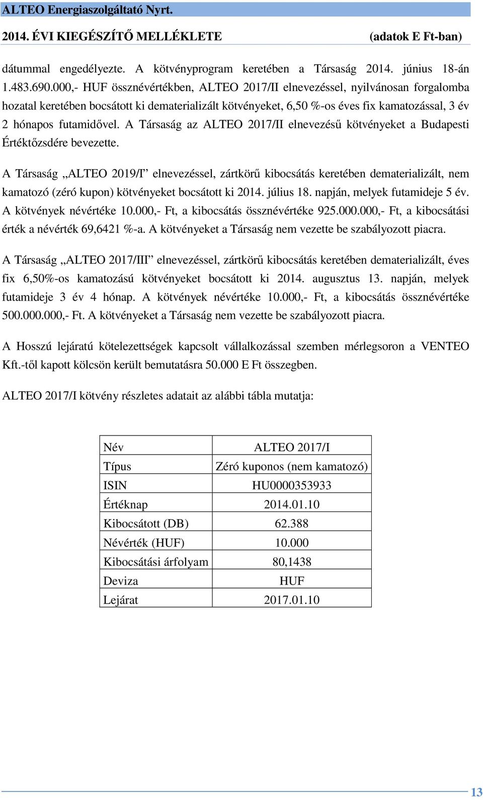 A Társaság az ALTEO 2017/II elnevezésű kötvényeket a Budapesti Értéktőzsdére bevezette.