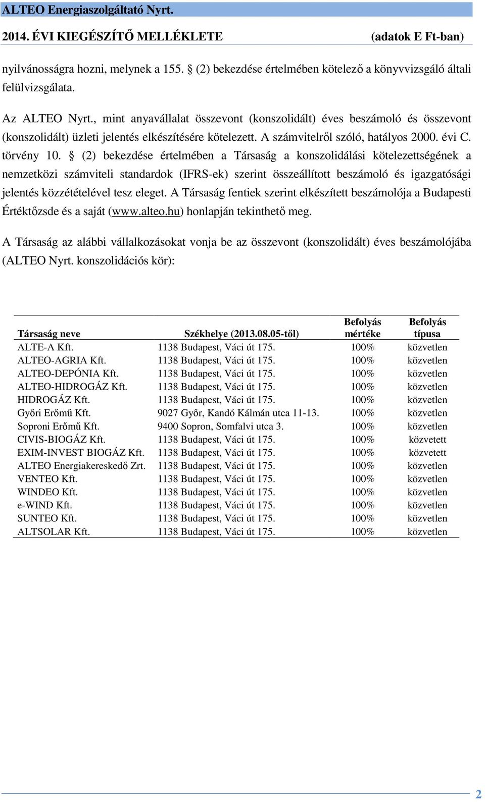 (2) bekezdése értelmében a Társaság a konszolidálási kötelezettségének a nemzetközi számviteli standardok (IFRS-ek) szerint összeállított beszámoló és igazgatósági jelentés közzétételével tesz eleget.